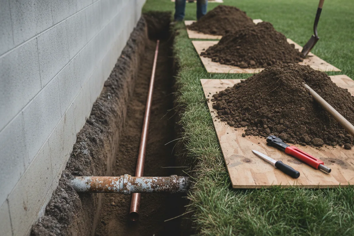 Excavated water line trench during Water Softener Installation in Lake Powell
